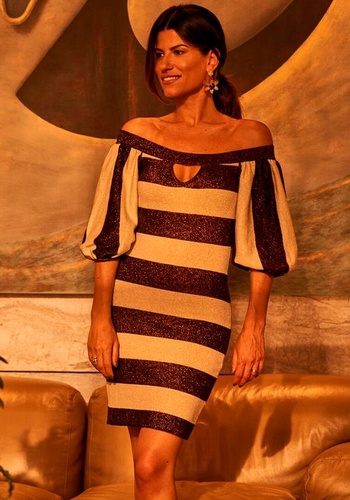 Vestido Tricot Ombro a Ombro Listra Lurex Luz