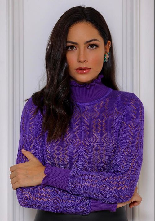 Blusa Tricot Renda Gola Alta