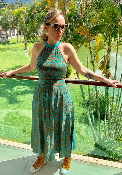 Vestido Tricot Midy Alça Trança Onça