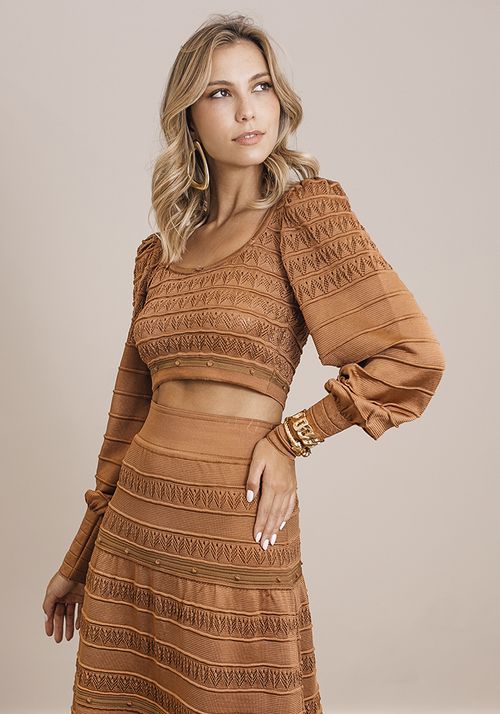 Cropped Tricot Renda Setas Pontinhos