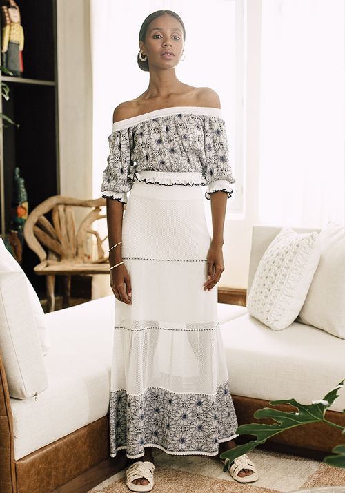 Saia Tricot Longa Evasê Barra Flores