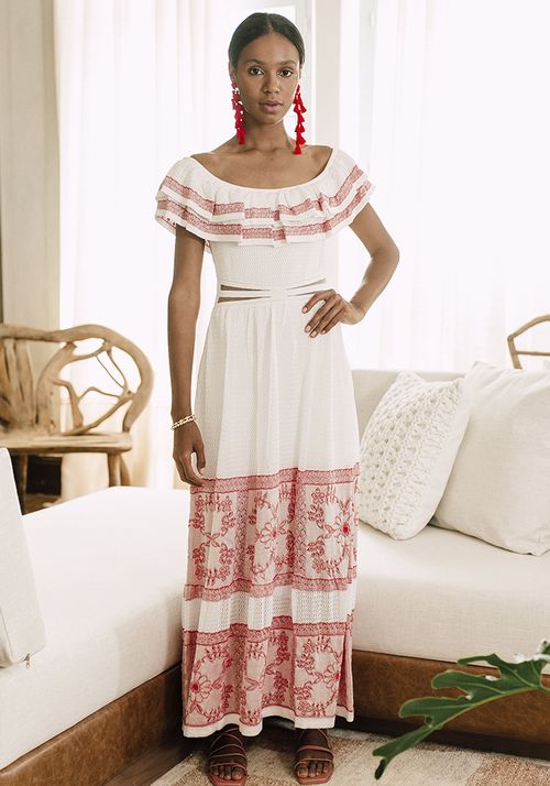 Vestido Tricot Longo Ciganinha Evasê Flores