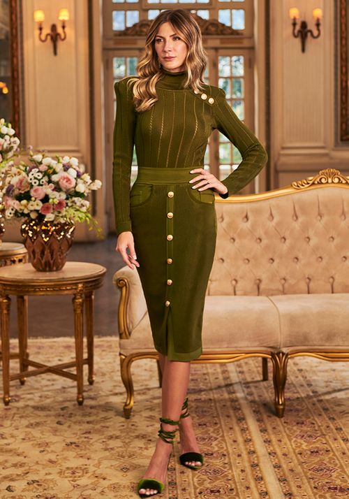 Saia Tricot Midy Canelada Bolso Botões