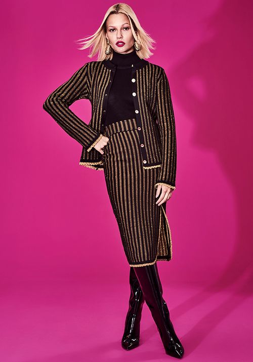 Saia Tricot Midy Listras Crochê Fenda Shine