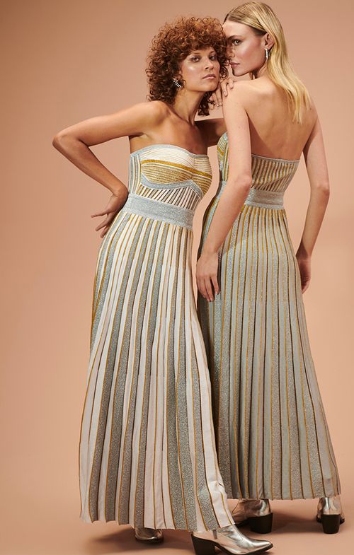 Vestido Tricot Longo Pontinhos Plissado Shine
