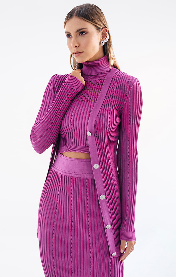 Max Cardigan Tricot Nervuras Furos Botões - Doce de Coco