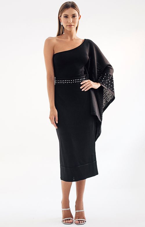 Vestido Tricot Midy Assimétrico Bordado