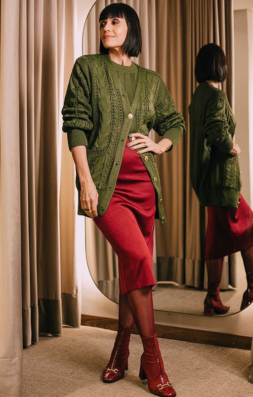 Saia Tricot Midy Basic Pontinhos Fenda