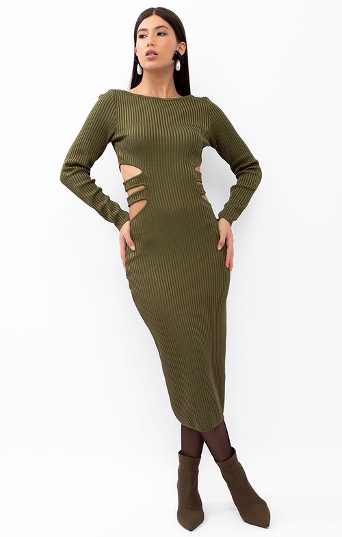 Vestido Tricot Midy Reto Canelado Fenda Costas