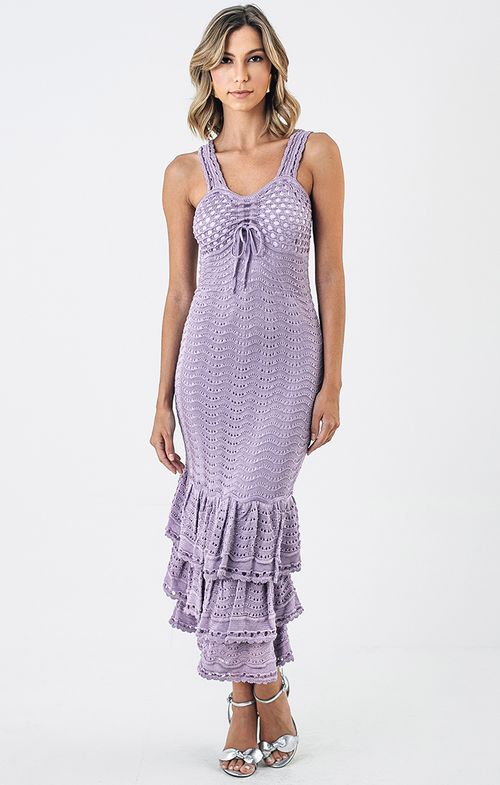 Vestido Tricot Midy Tela Crochê Ondas