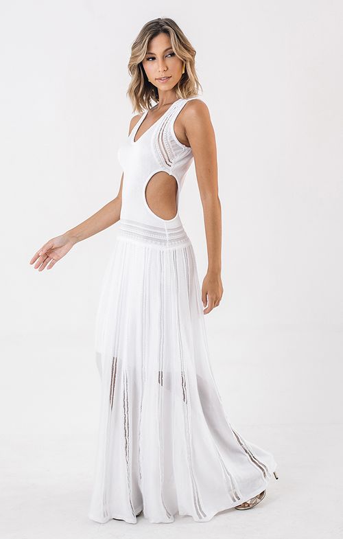 Vestido Tricot Longo Cavado Fio Transparência