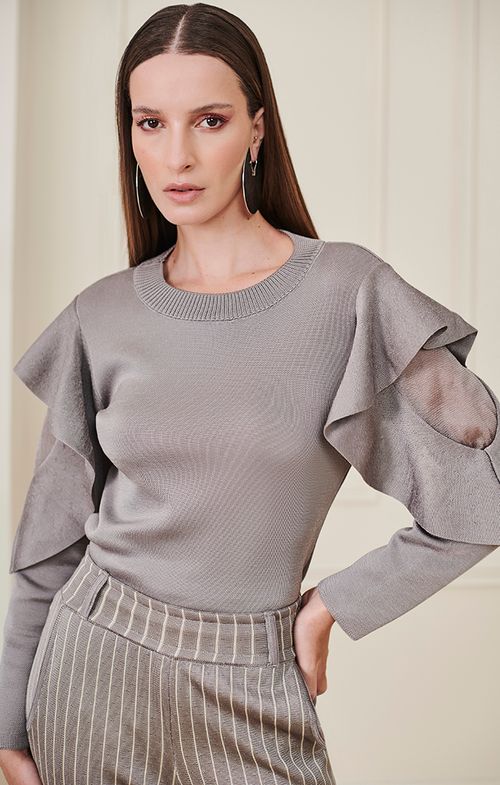 Blusa Tricot Manga Transparencia Babado