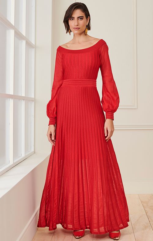 Vestido Tricot Longo Ombro a Ombro Plissado Shine