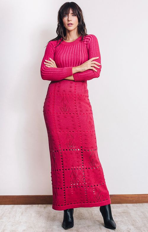 Vestido Tricot Longo Aran Quadros Furos