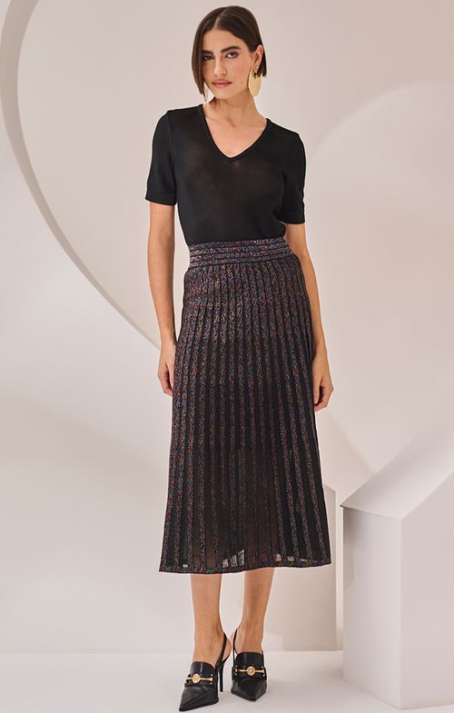 Saia Tricot Midy Fio Transparência Plissada Shine