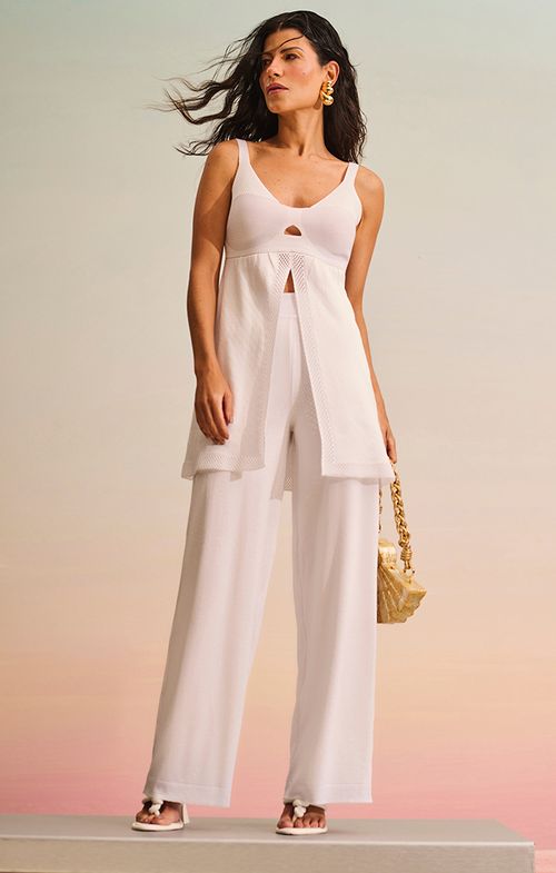 Calça Tricot Pantalona Pontinhos Bolso