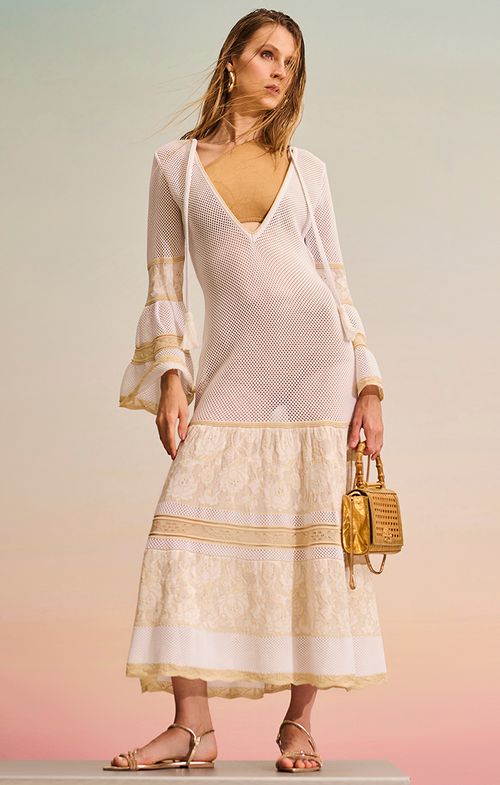 Vestido Tricot Longo Tela Rosas Boho