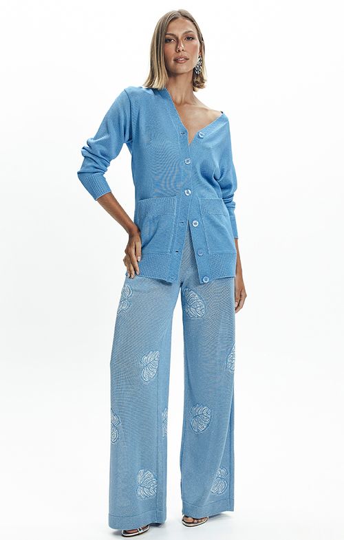 Calça Tricot Pantalona Folhas