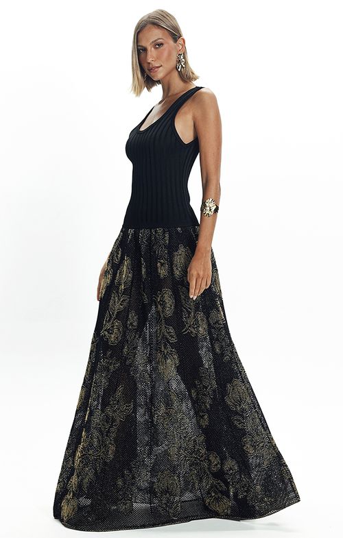 Vestido Tricot Longo Flores Devorê