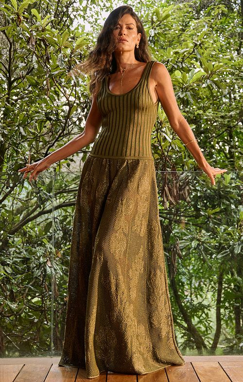 Vestido Tricot Longo Flores Devorê