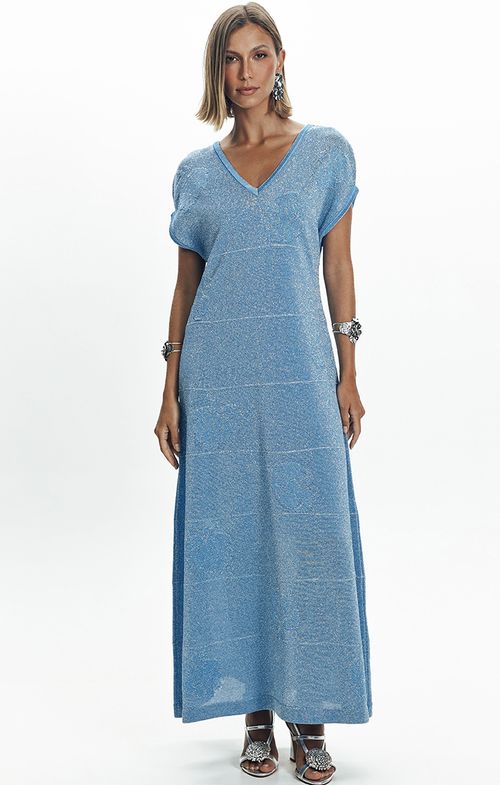 Vestido Tricot Longo Evasê Folhas