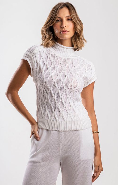 Colete Pullover Tricot Matelassê Gola Alta