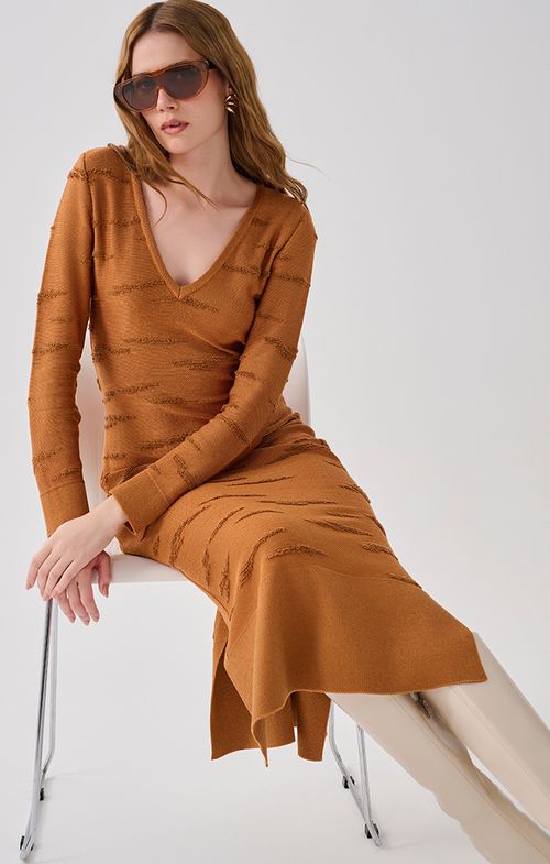 Vestido Tricot Midy Texturas Manga Longa