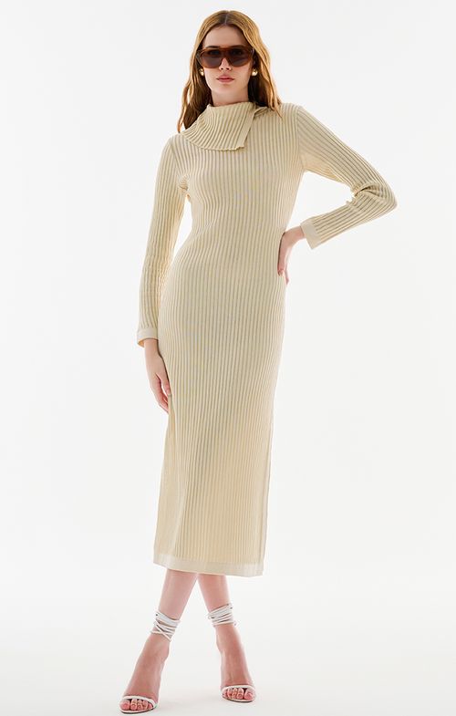 Vestido Tricot Max Midy Canelado Cinto