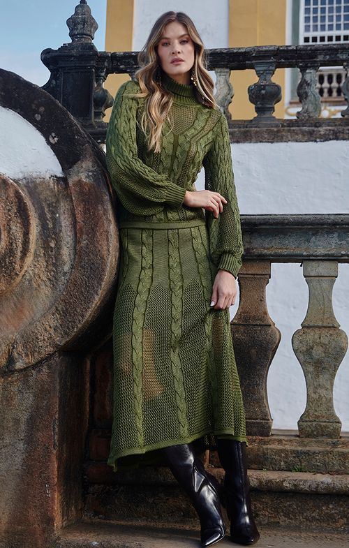 Saia Tricot Midy Tela Tranças