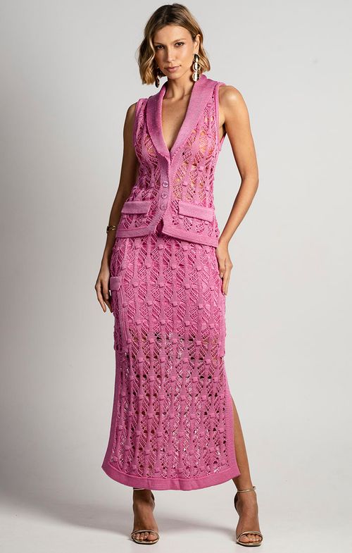 Saia Tricot Midy Bolsos Renda Fio Flutuado