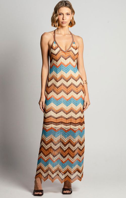 Vestido Tricot Midy Alça Listras Furos Zig