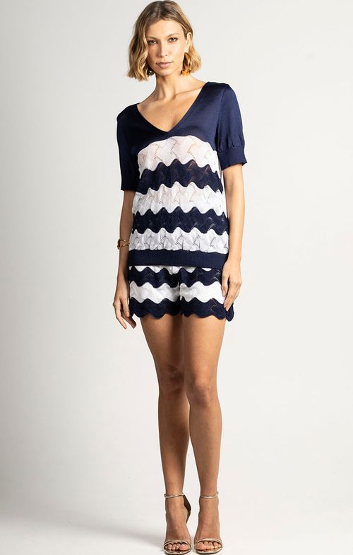 Blusa Tricot Decote V Renda Ondas