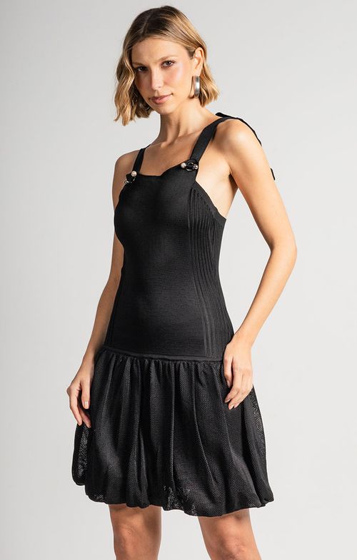 Vestido Tricot Curto Alça Laço Balonê