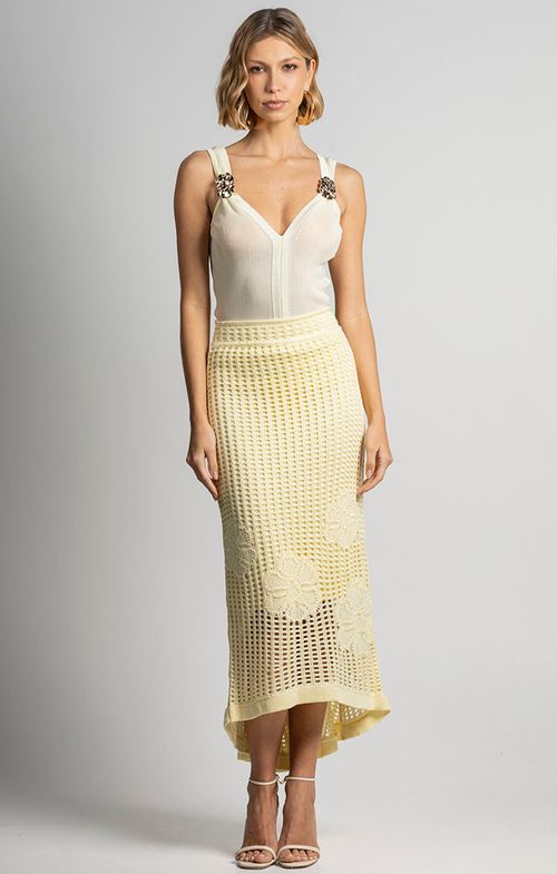 Saia Tricot Midy Tela Flores Mullet