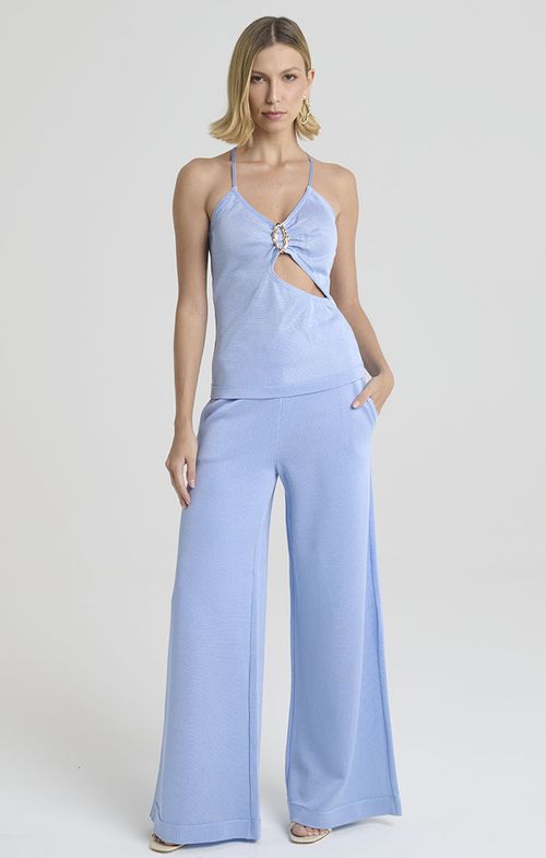 Blusa Cropped Tricot Alça Fina Decote Fivela