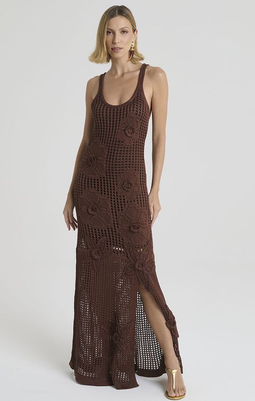 Vestido Tricot Max Midy Fenda Lateral Tela Flores