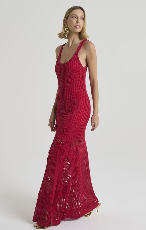 Vestido Tricot Max Midy Fenda Lateral Tela Flores