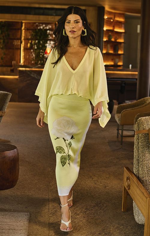 Saia Tricot Midy Rosa Jacar