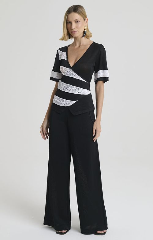 Blusa Tricot Listras Renda Efeito Guipir