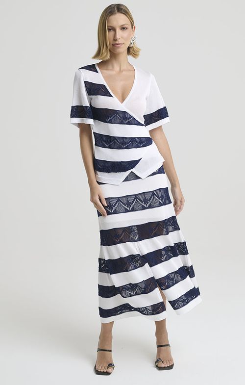 Saia Tricot Midy Listras Renda Efeito Guipir