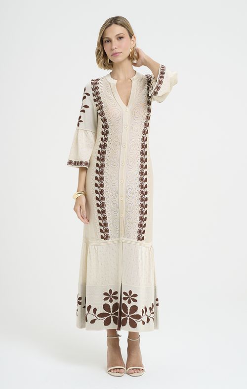 Vestido Chemise Tricot Jacar Ramos Flores