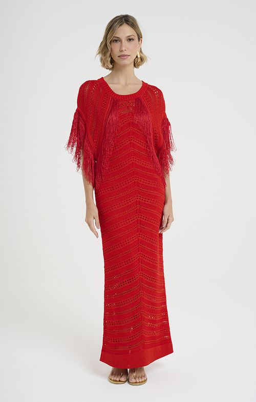 Vestido Tricot Midy Franjas Manga Japonesa