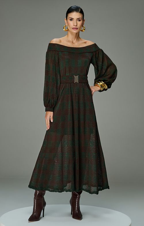 Vestido Tricot Midy Ombro a Ombro Xadrez Cinto