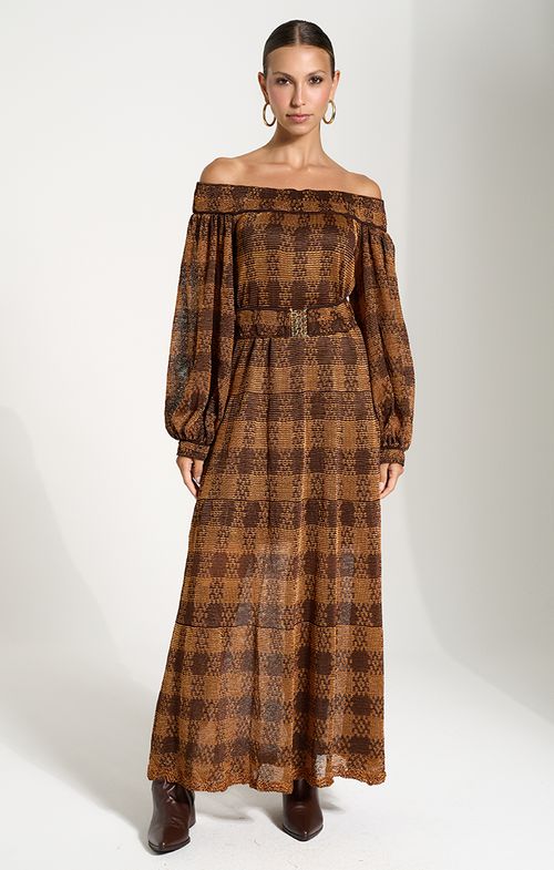 Vestido Tricot Midy Ombro a Ombro Xadrez Cinto