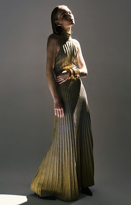 Vestido Tricot Longo Plissado Shine