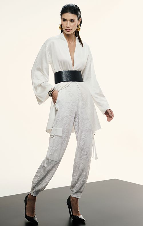 Calça Tricot Cargo Rosas Punho Botões