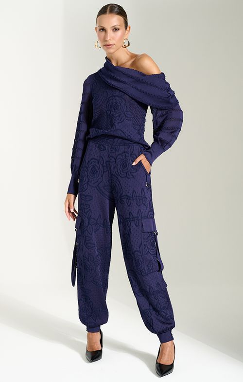 Calça Tricot Cargo Rosas Punho Botões