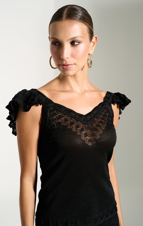 Blusa Tricot Alça Babado Renda