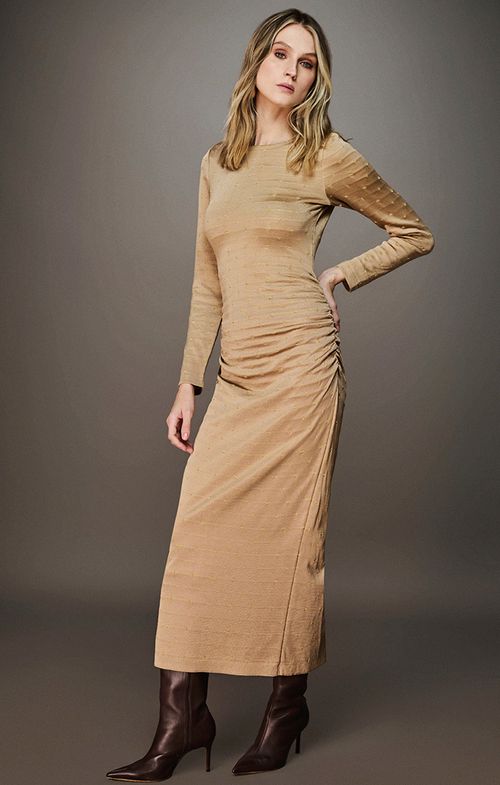 Vestido Tricot Midy Drapeado Poá
