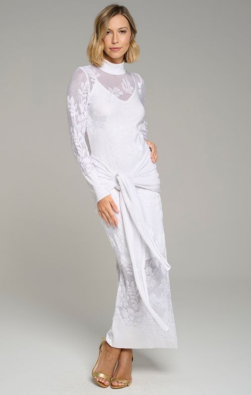 Vestido Tricot Max Midy Ramos Flores Lenço Cintura